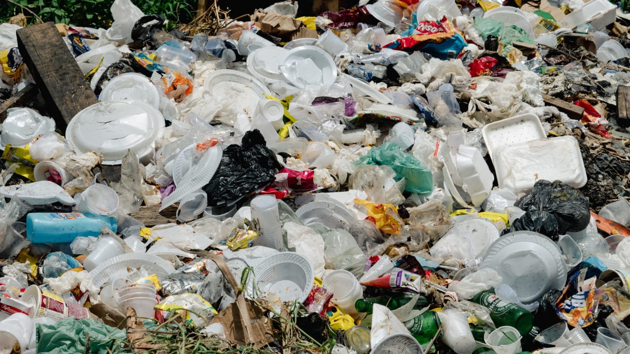 Plastic waste clogs up a river in Recife, Brazil.