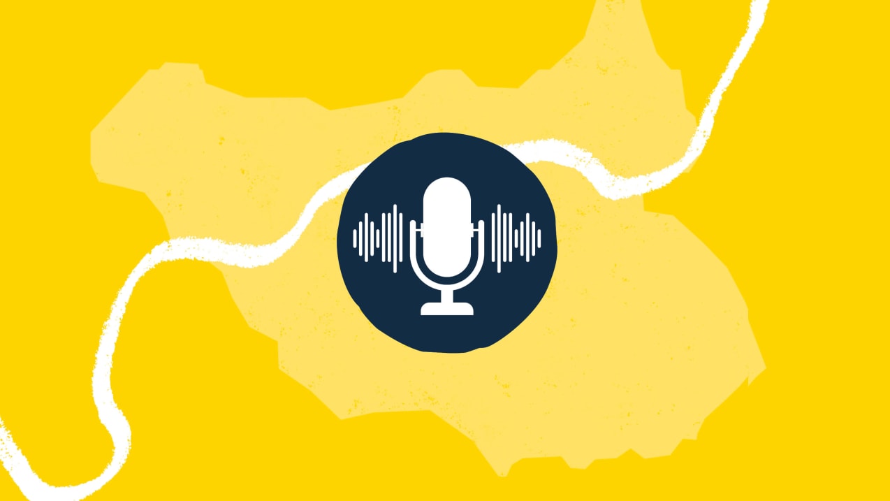 Step Up podcast graphic featuring a microphone on a map graphic of South Sudan