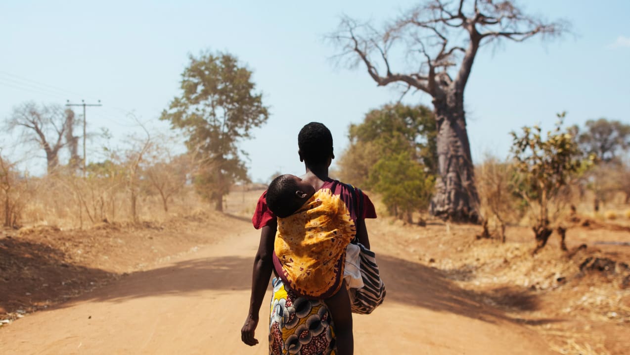 Woman carries child on back on dirt road in rural Africa under a sunny sky. Baobab tree in distance.