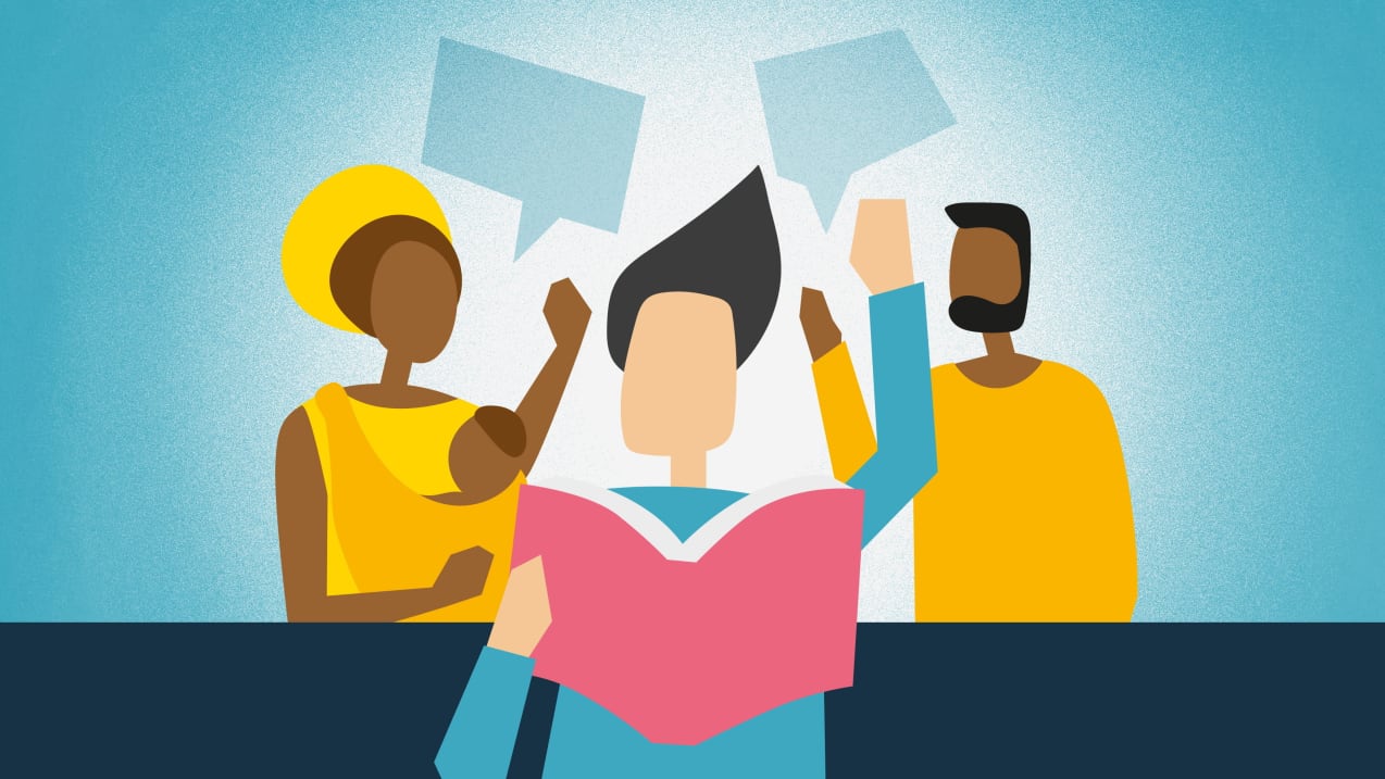 The illustration has a blue background and shows three people. In the foreground, a person is holding a red book and lifting their hand, as if in praise or to ask a question. In the background, two people in yellow can be seen interacting with each other through speech bubbles. One person is a woman holding a baby in a sling on her front, while the other is a man with a black beard facing her and talking with her.