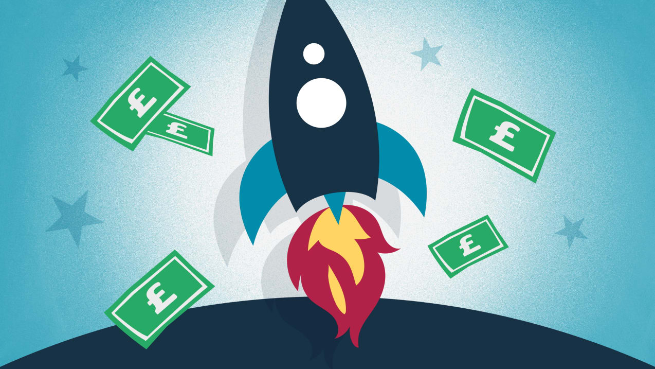 Illustration showing a blue rocket flying into space with fire coming out of its engines. In the background, stars can be seen. Pound notes are floating around the rocket, indicating financial success of fundraising.