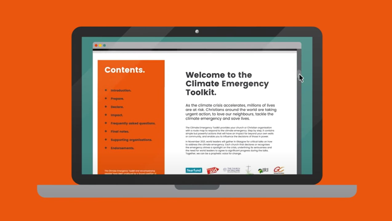 An illustrated laptop screen displays the Climate Emergency Toolkit, with a table of contents on the left and an introduction on the right.