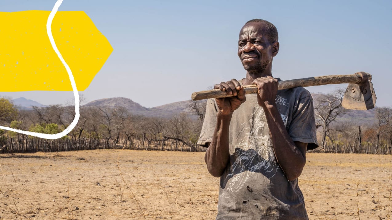 Mtshale Nyoni stands at his now barren farm which he describes as a semi-arid desert (David Mutua/Tearfund)