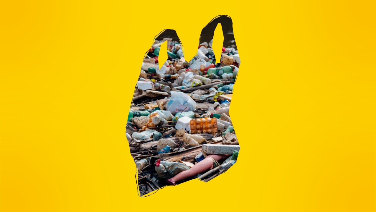 Inside a silhouette of a bin bag is a photo of piles of plastic waste, overlaid on a yellow background.