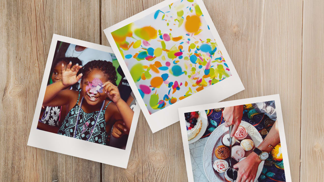 Three polaroid photos are spread across a wooden surface. One photo is of a young girl smiling with some icing on her face. Another photo of confetti, and the third photo is of eight cupcakes on a plate, and someone cutting into one of the cupcakes. 