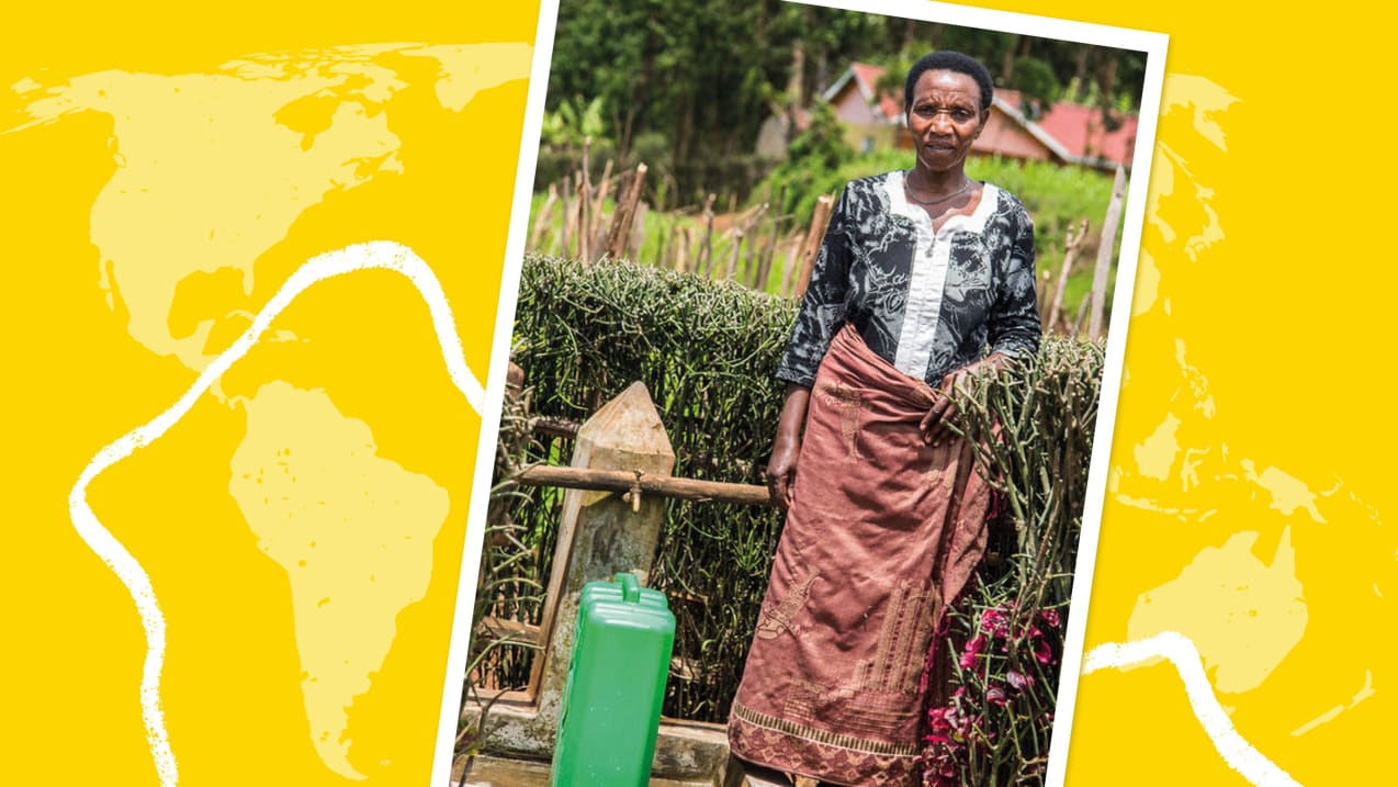 A yellow background with a polaroid style photo overlaid. In the photo is a woman stood next to an outdoor tap with a green container below the tap.