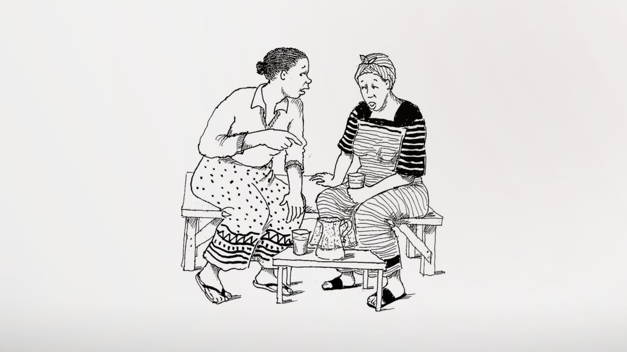 Ilustración en la que aparecen dos mujeres sentadas en un banco de madera, una de ellas con un vaso en la mano y la otra hablando