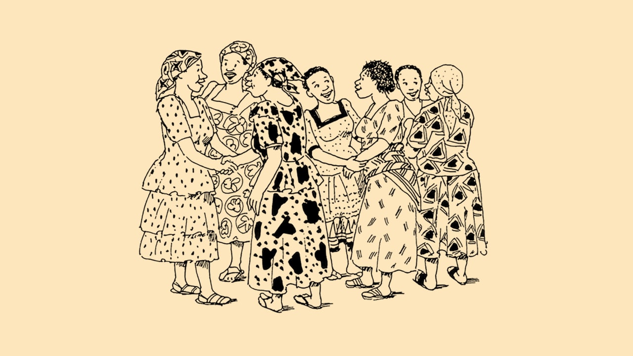 Illustration of woman gathered in a close circle talking to each other