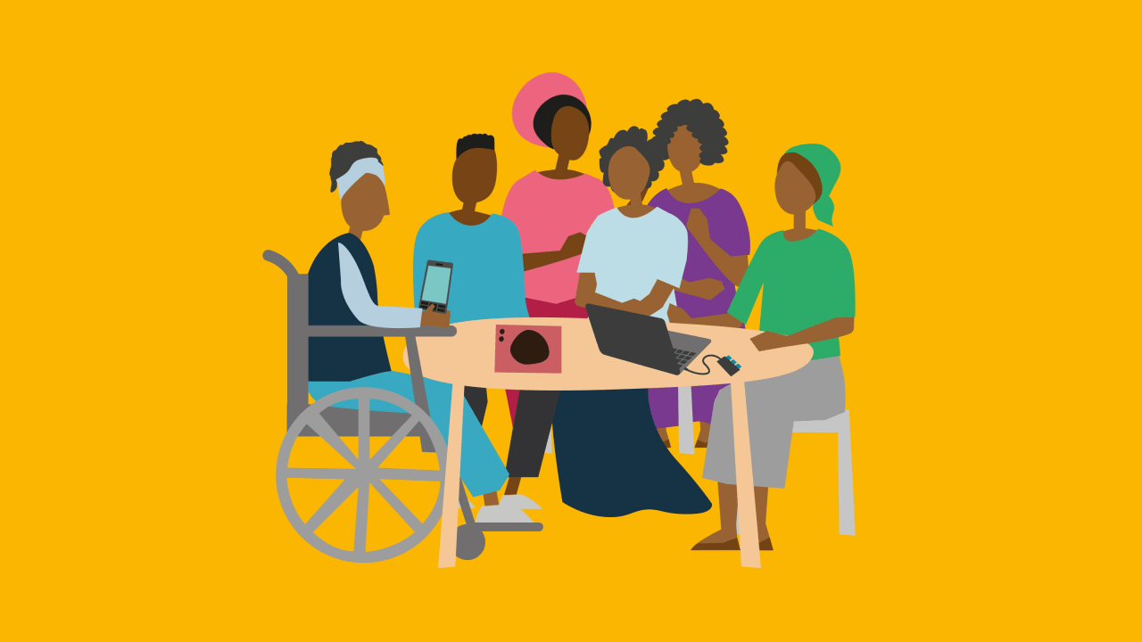 Illustration of people gathered around a table listening to a speakerbox