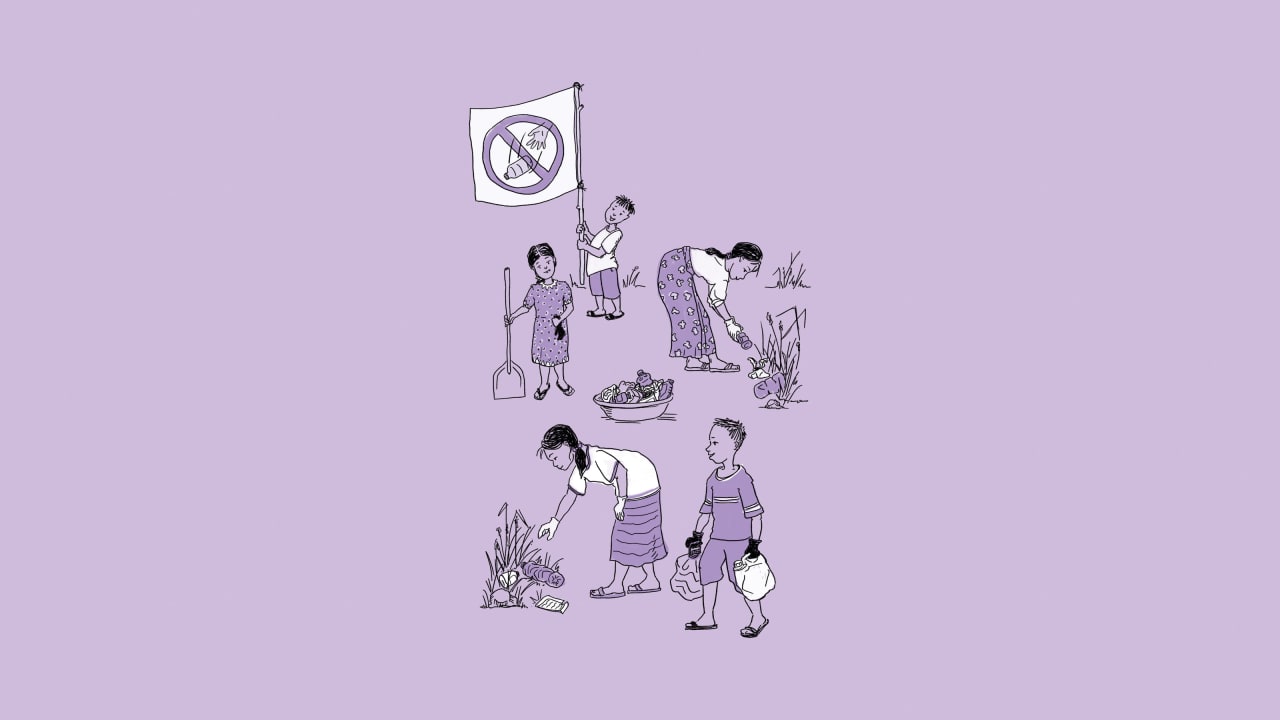 Illustrated diagram of children picking up plastic waste from plants and shrubbery and collecting it into a bucket