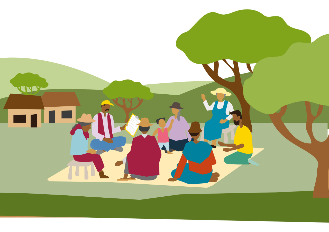 Illustration shows a group of eight people sitting outside on a blanket. One man holds a clipboard and a lady sitting on a stool raises her hand.