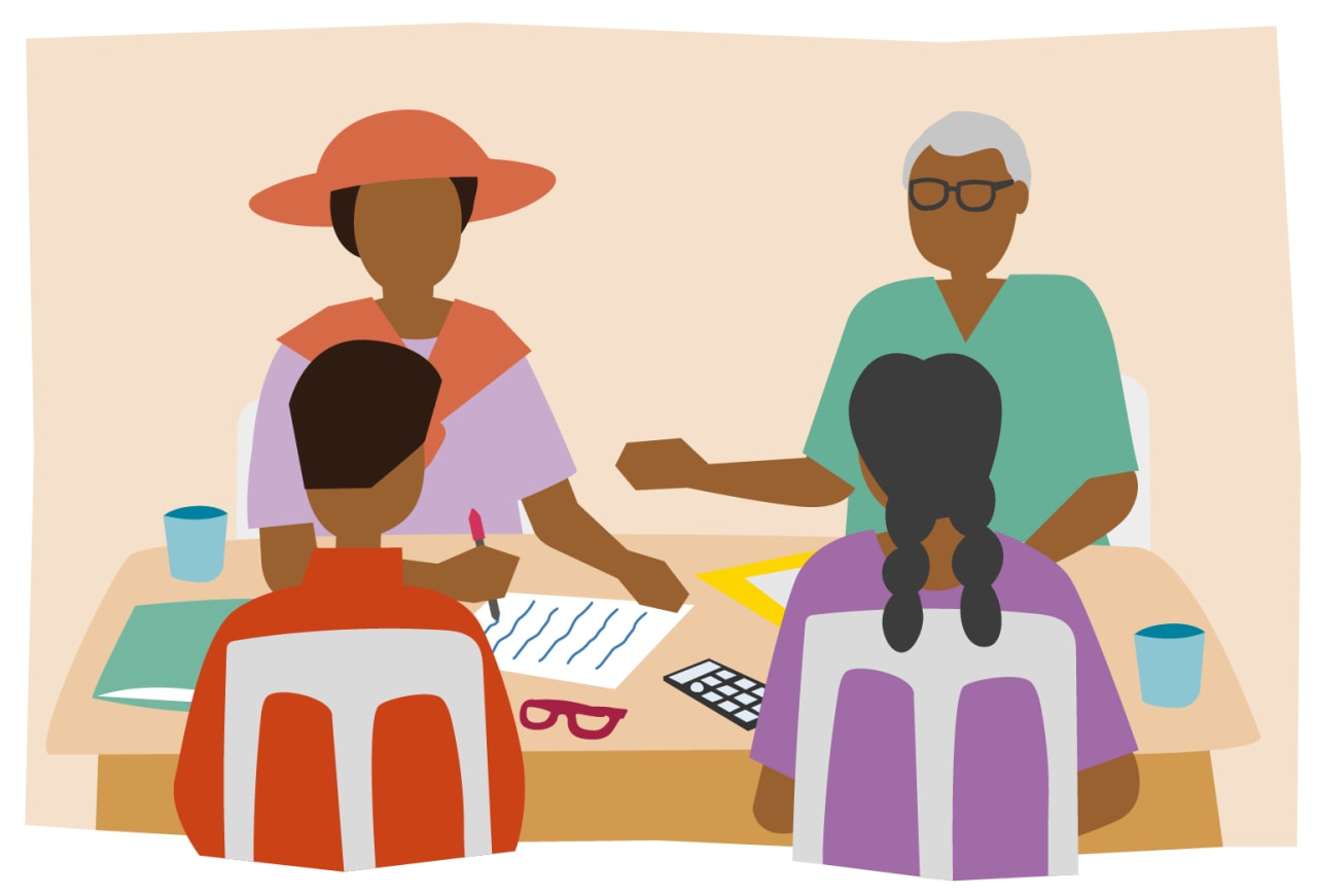 Ilustración que muestra a cuatro personas sentadas a una mesa, con una señora escribiendo en un papel. Sobre la mesa hay una calculadora y otros papeles.