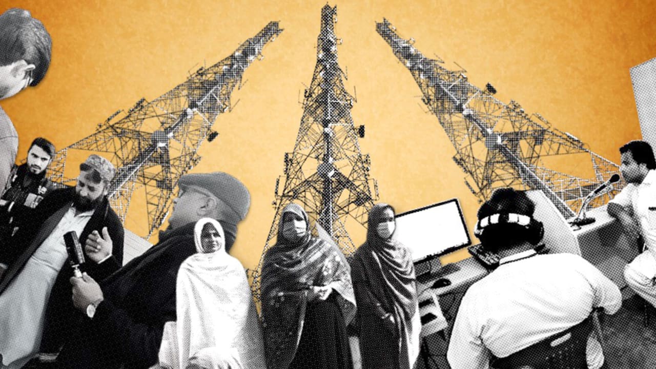 A collage featuring communication towers and a range of cut-out Pakistani people.