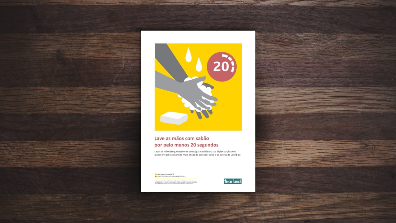 Um cartaz que mostra como lavar bem as mãos para prevenir a disseminação da Covid-19