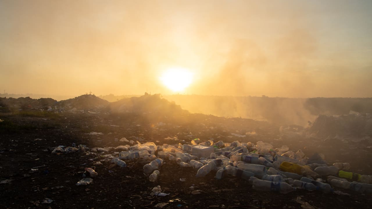 Smoke rising from burning waste at the university dump at twilight. 