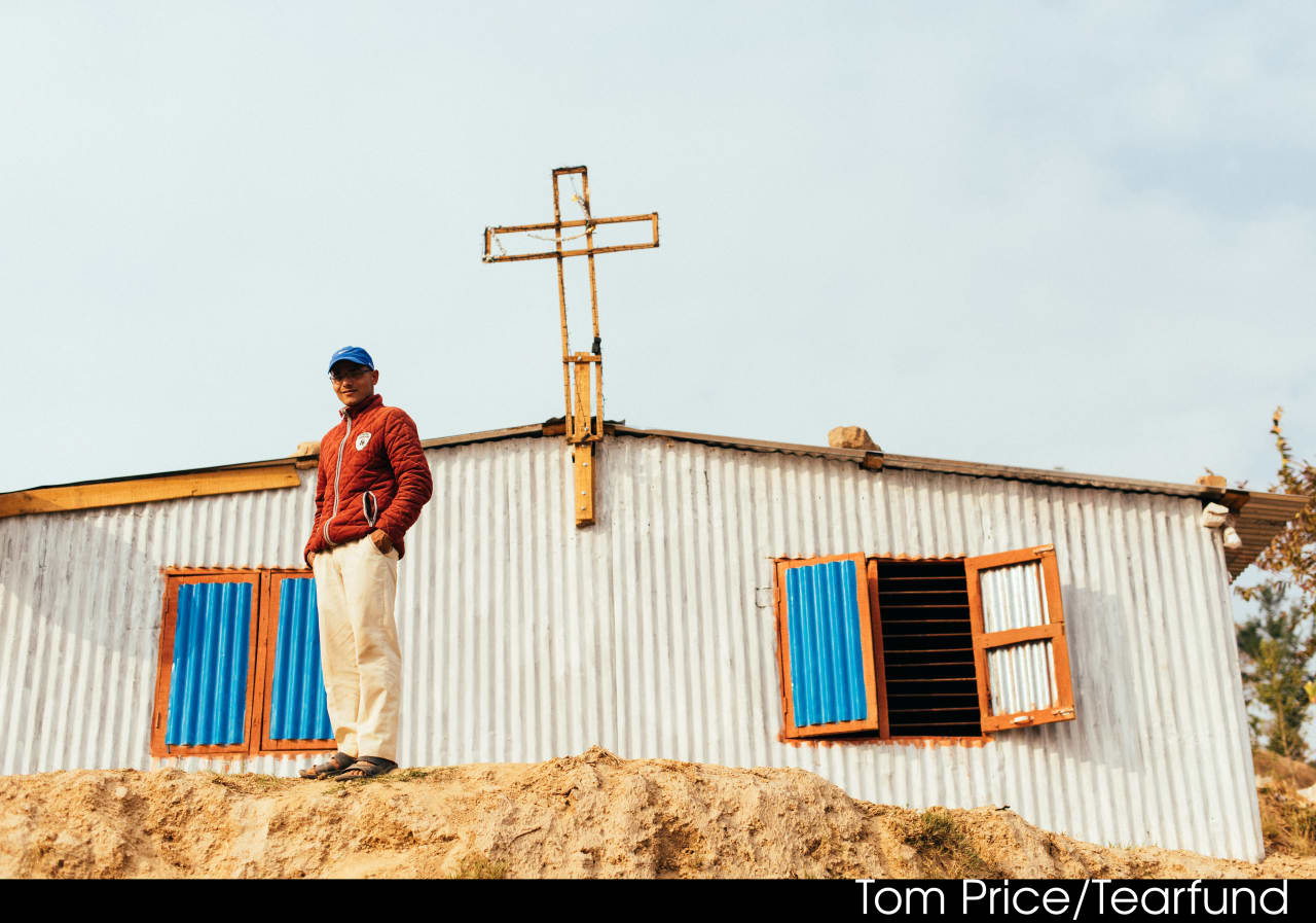Pastor Prajwal Thakuri outside Ashisha Nawajeevan Church, Nepal. The church was totally destroyed during the earthquake, and the group now meet in Pastor Prajwal’s house. 