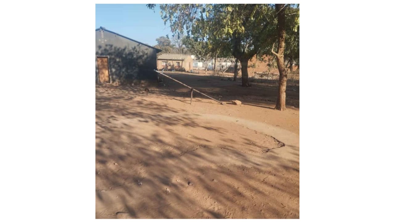A rural homestead with buildings, a dirt yard, trees and a makeshift barrier. Sunny day.