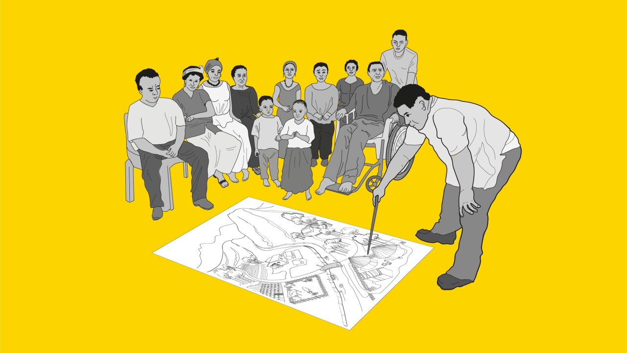 Illustration of church and community members working together to find local solutions.