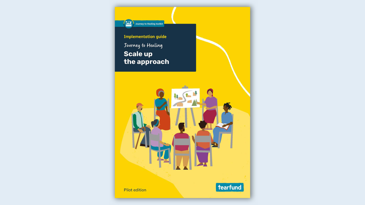 Cover of 'Journey to Healing Implementation guide' with illustration of group discussion.