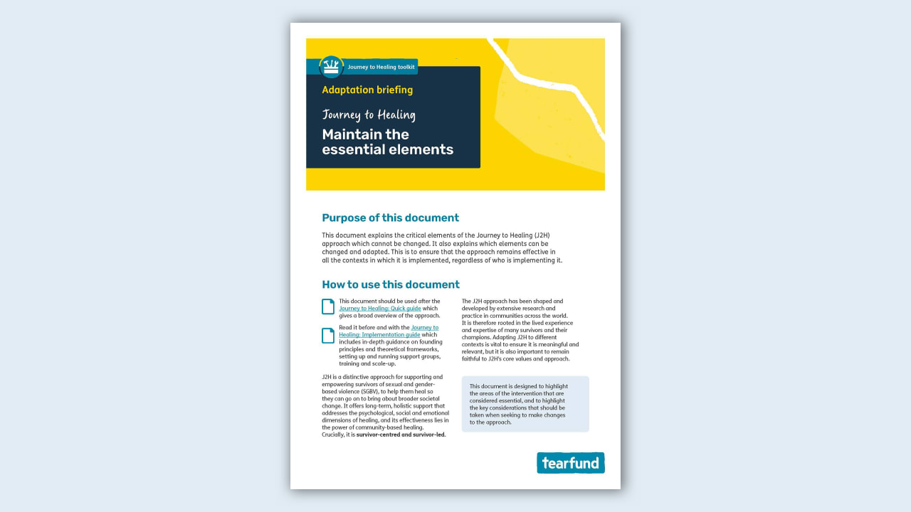 Digital document titled "Journey to Healing" briefing by Tearfund with yellow and blue design.