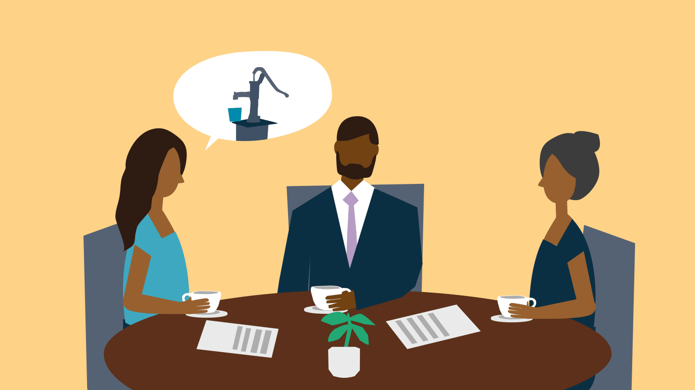 An illustration oof two business women and a man sitting at a table having a discussion