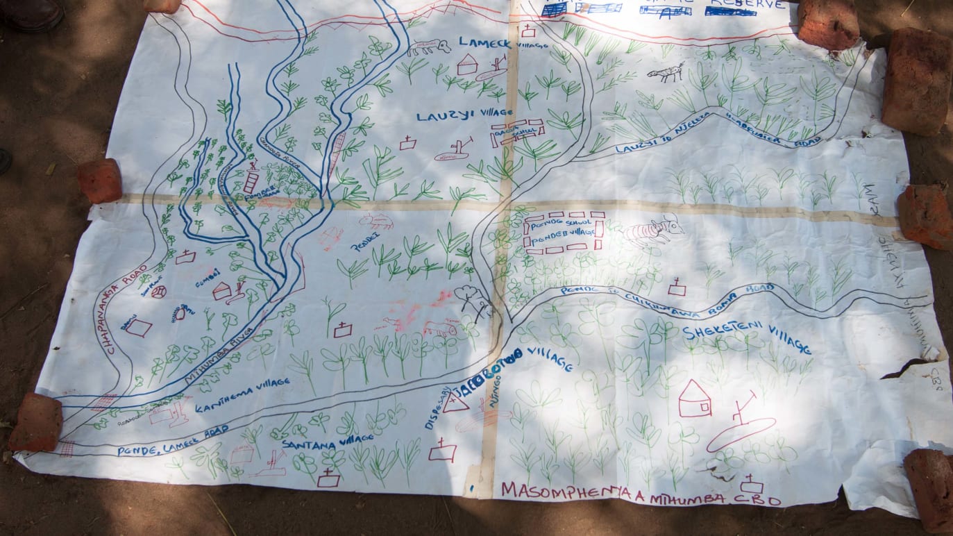 Um exemplo de mapa elaborado durante um exercício de mapeamento comunitário