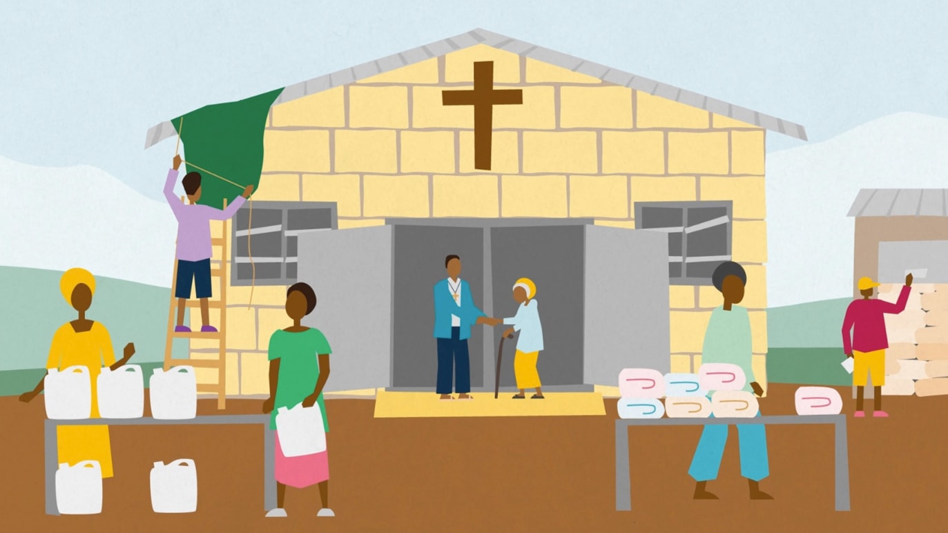 Illustration of a church being active in supporting their community