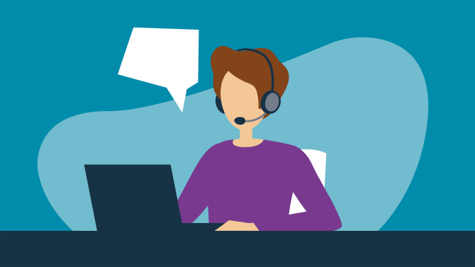 Illustration of a person wearing a headset, sitting at a desk with a laptop, and a speech bubble indicating communication