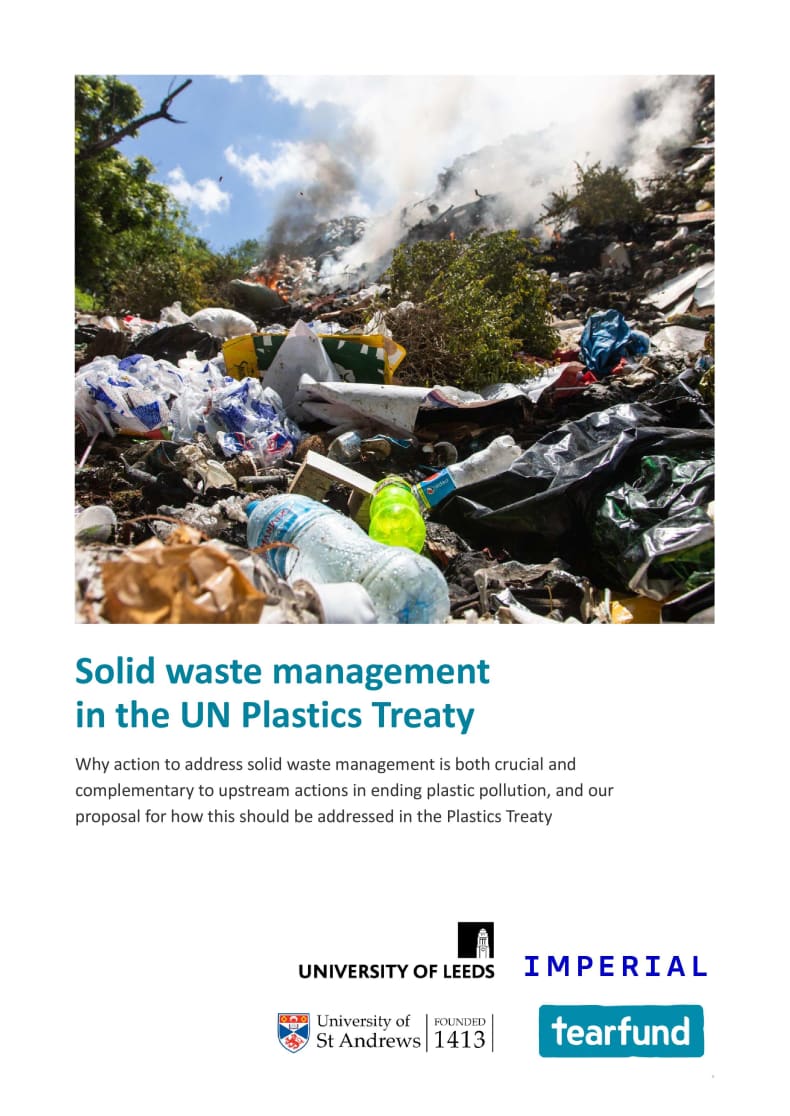 Cover of the report 'Solid waste management in the UN Plastics Treaty', written in collaboration with Tearfund and partners