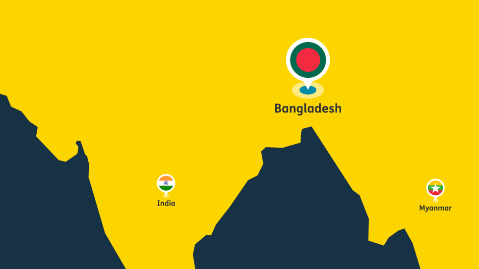 Map illustration of Bangladesh, India, and Myanmar with flag pins on a yellow background.