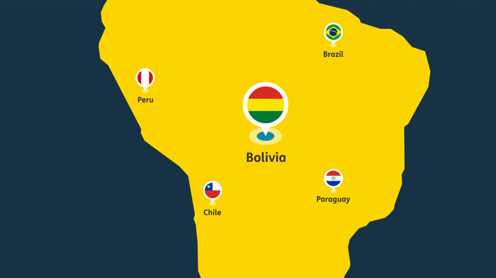 Stylized map of South America highlighting Bolivia and surrounding countries.