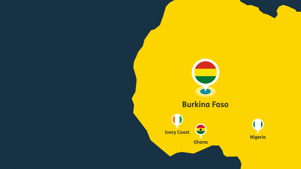Map of Africa showing Burkina Faso, Ivory Coast, Ghana, and Nigeria with flag icons.