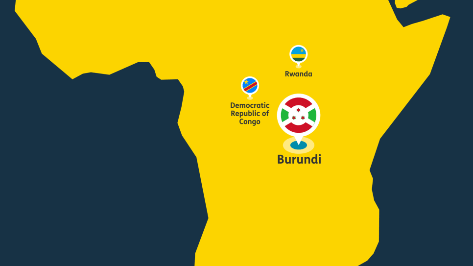 Yellow map showing Burundi with flag pin, near Rwanda and Democratic Republic of Congo.