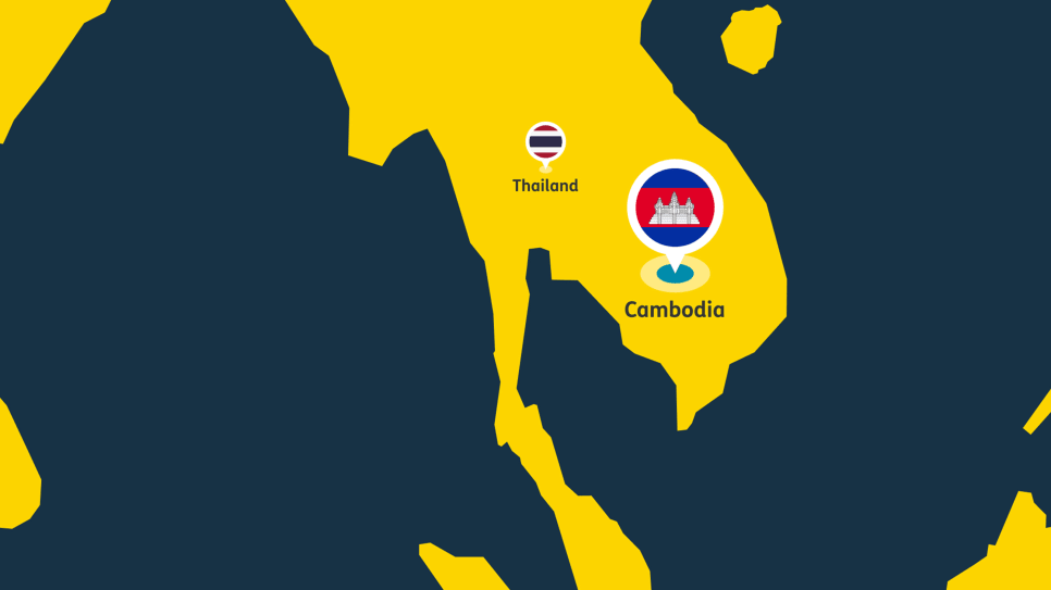 Map of Thailand and Cambodia with country flags on location pins.