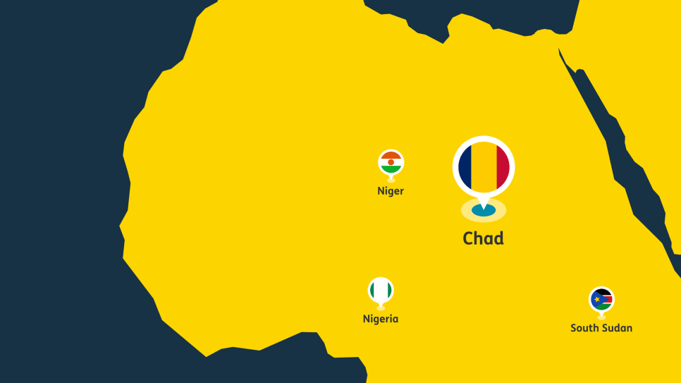 Map with flag pins in the countries of Chad, Niger, Nigeria, and South Sudan.