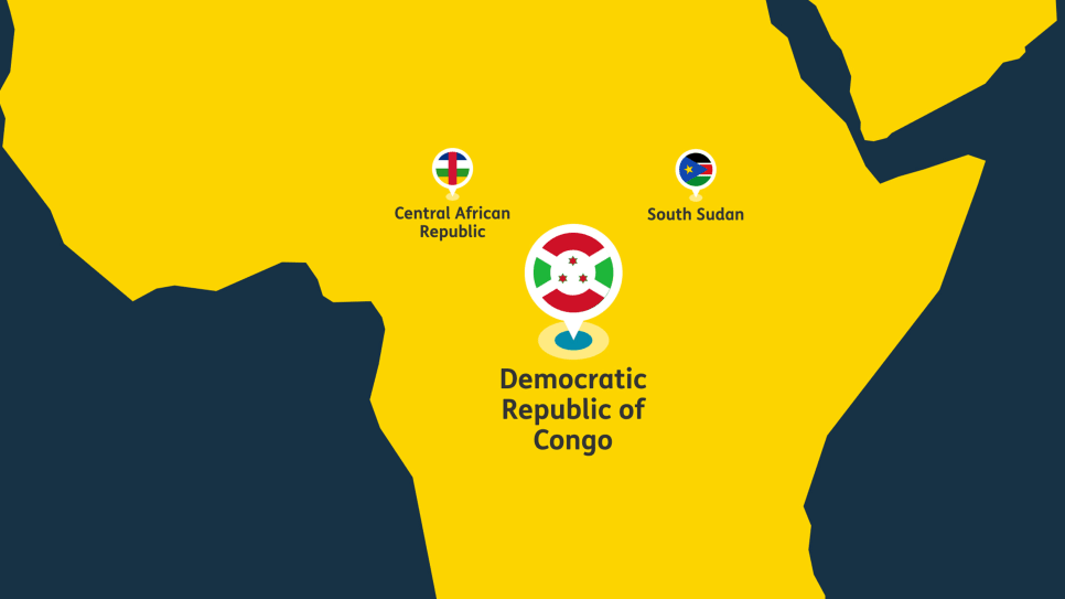A yellow map of Central Africa with flag pins on Democratic Republic of Congo, South Sudan, Central African Republic.