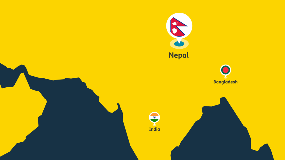Illustrated map of Nepal, India, and Bangladesh with country flag markers.