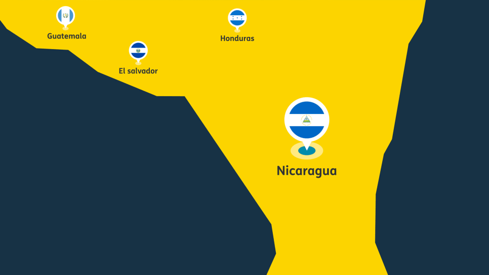 Illustrated map of Central America with country flags as location markers for Nicaragua and surrounding countries.