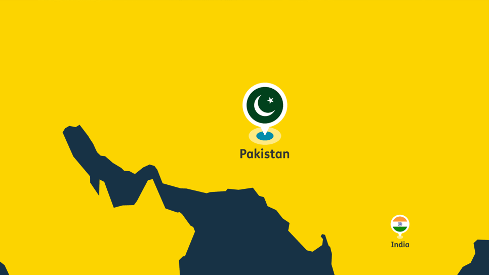 Map of Pakistan and India, with flag pins on yellow background.