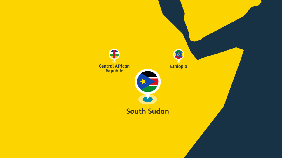 Map of South Sudan and neighboring countries, flags in location markers.