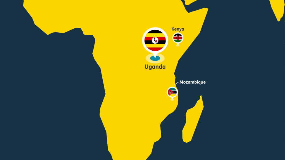 Map of Africa highlighting Uganda, Kenya and Mozambique with flag icons.