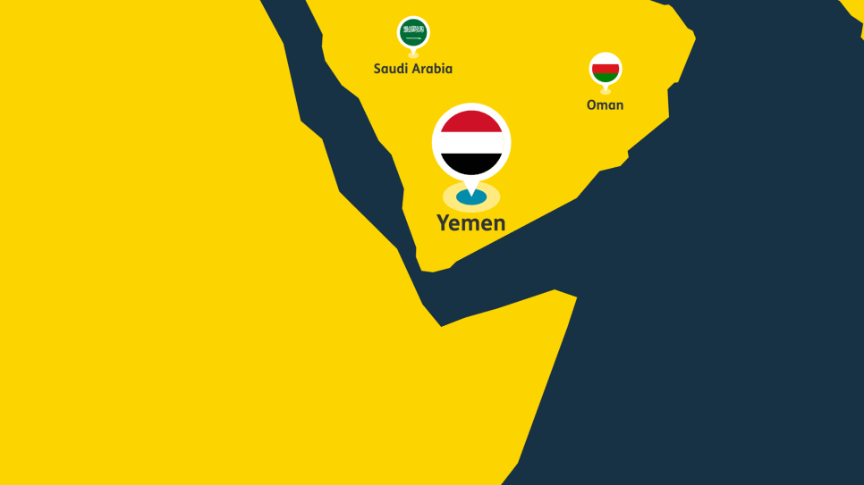 A colorful, stylized map shows Yemen, Saudi Arabia and Oman with country flags.
