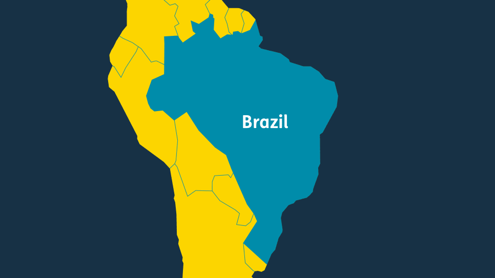 World map showing location of Brazil - zoomed in