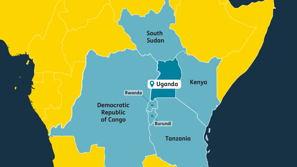 A graphic outline of a part of Africa outlining the neighbouring countries of Uganda (Countries clockwise: South Sudan, Kenya, Tanzania, Burundi, Rwanda, Democratic Republic of Congo).