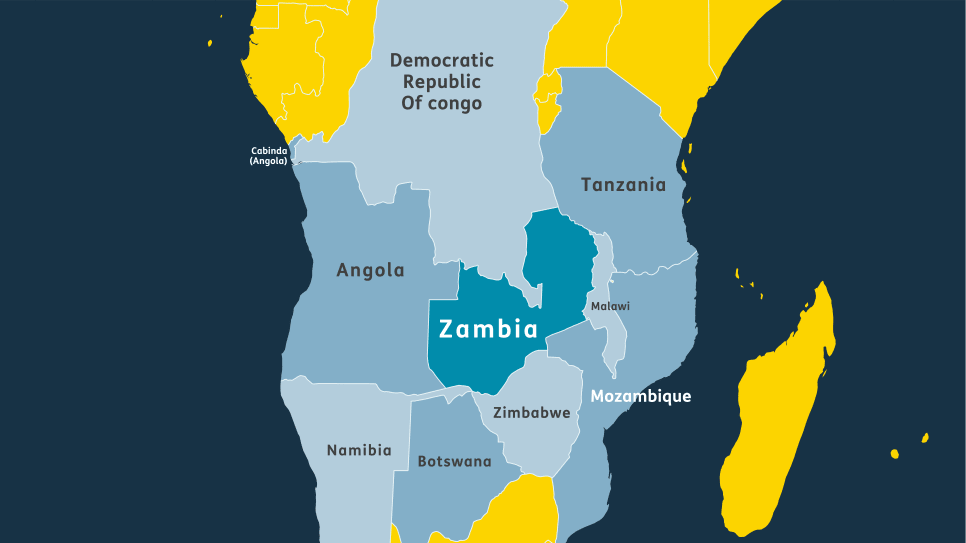 A graphic image of a map outline of Africa, zoomed in on Zambia