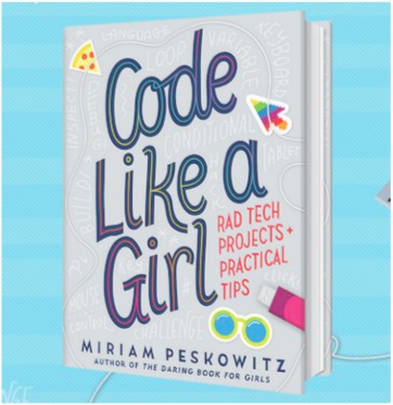 Code Like a Girl bookcover. Gray background with blue and rainbow swirly print