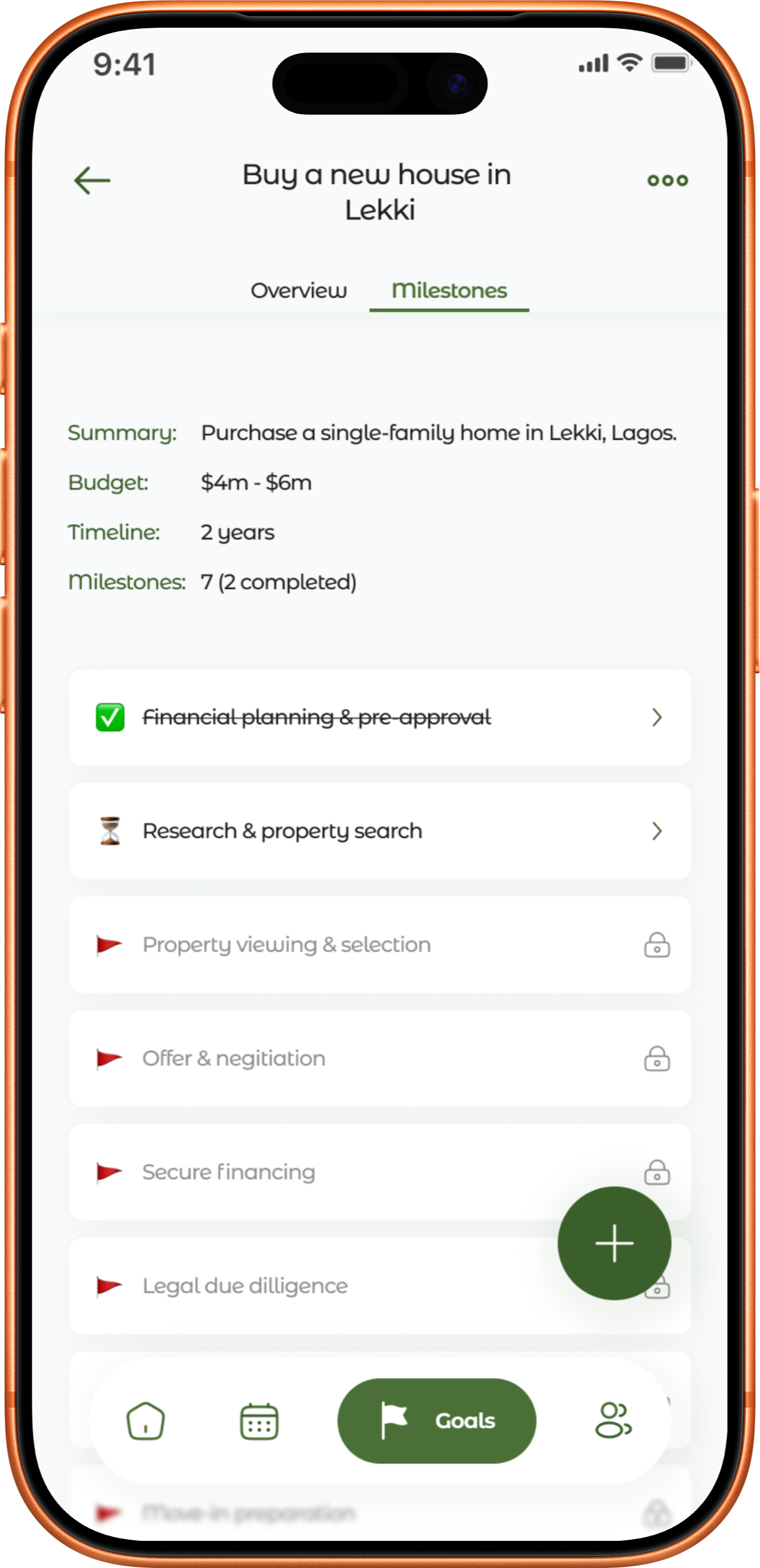 GoalPaddy goal detail screen for "Buy a new house in Lekki" showing a 7-milestone breakdown with budget, timeline, and milestone status