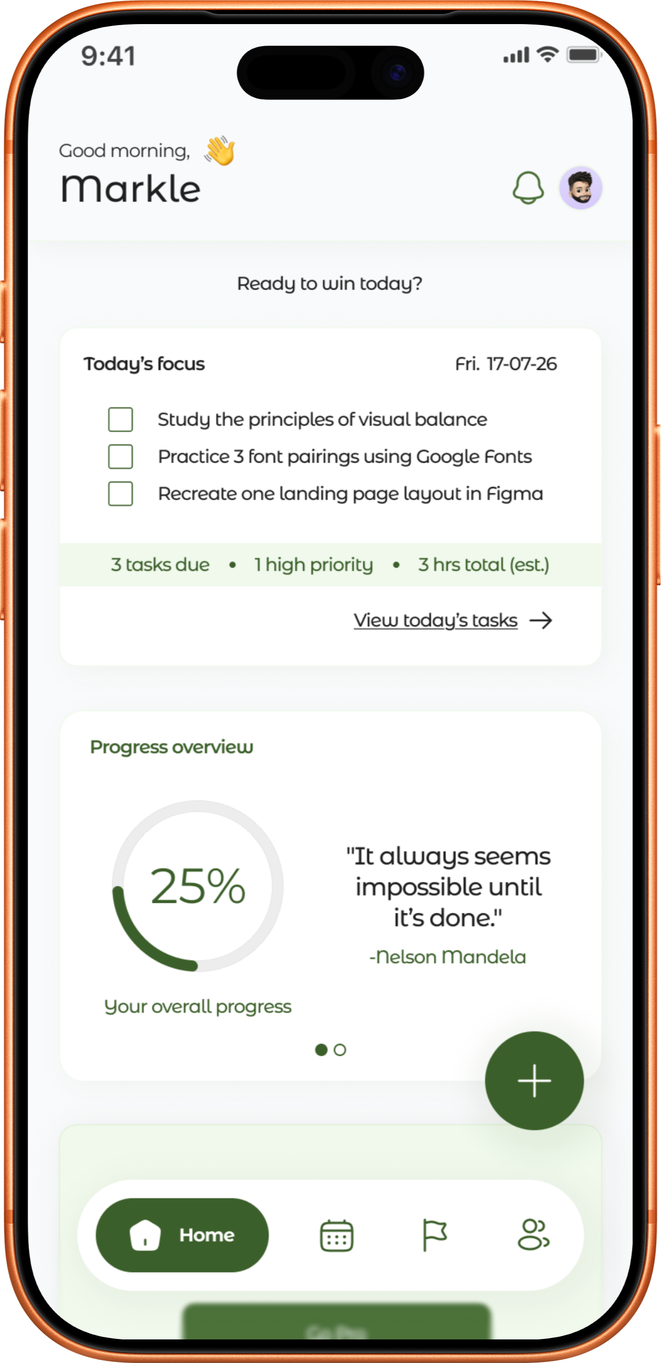 GoalPaddy home screen showing today's AI-assigned focus tasks with priority and time estimates, and an overall progress ring