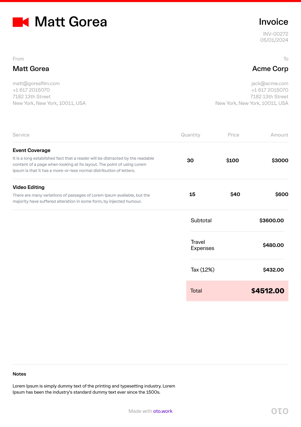 Freelance Videographer Invoice Template