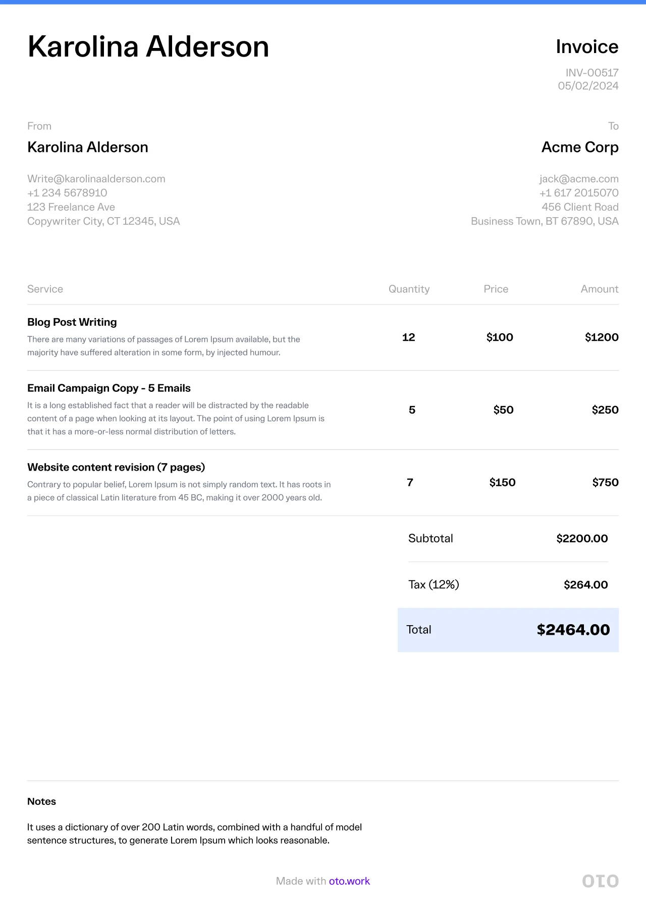 Freelance Copywriter Invoice Template